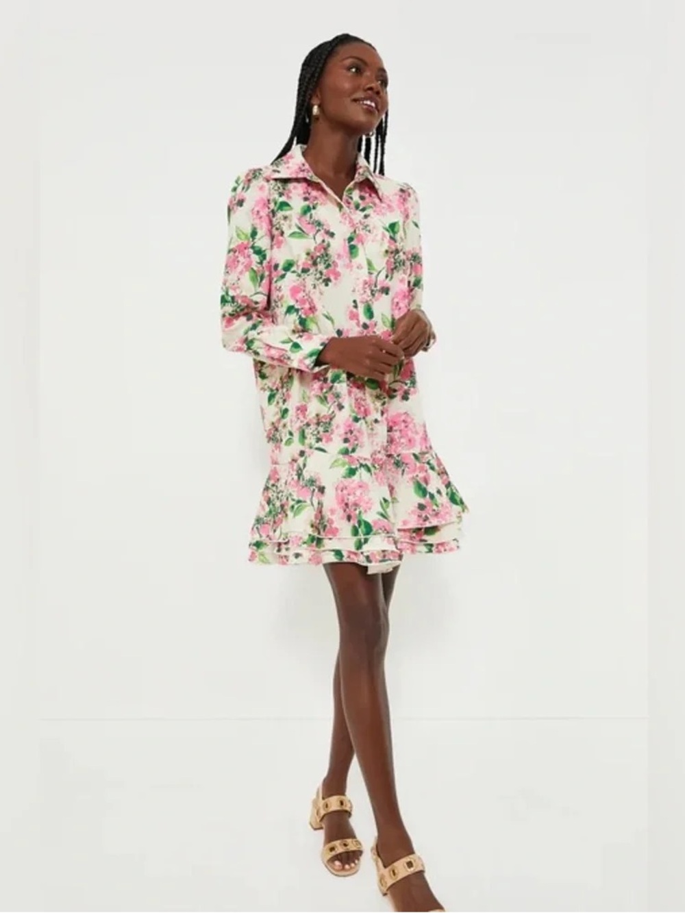 Tuckernuck Pink and Green Floral Ruffle Hem Long Sleeve Dress